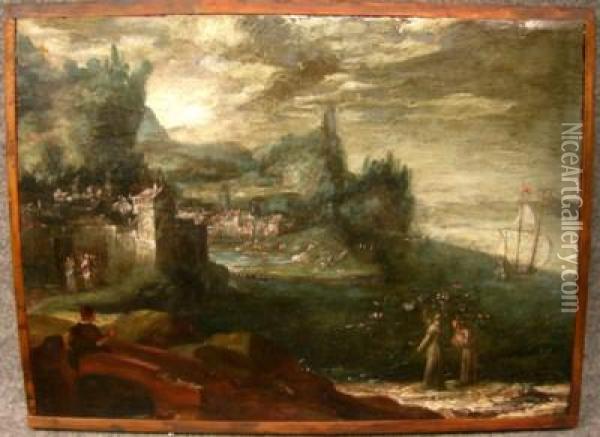 ''paesaggio Con Cittadella Sul Porto, Duefrati In Primo Piano E Veliero In Partenza Sullo Sfondo''. Oil Painting - Cornelis De Bruyn