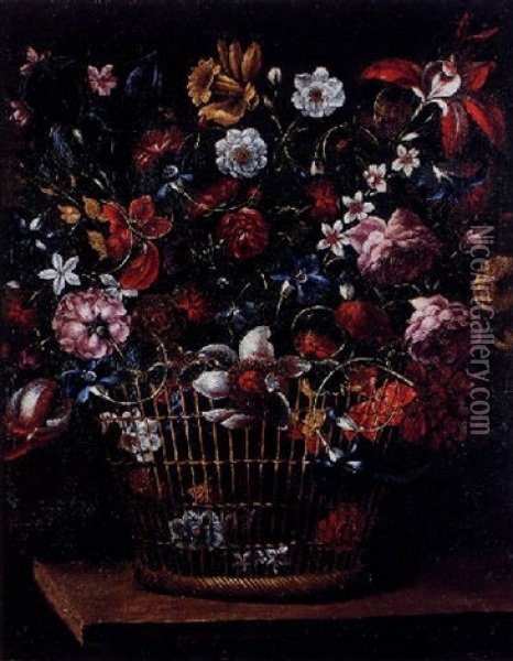 Bodegon Con Cesto De Flores Oil Painting - Jose De Arellano