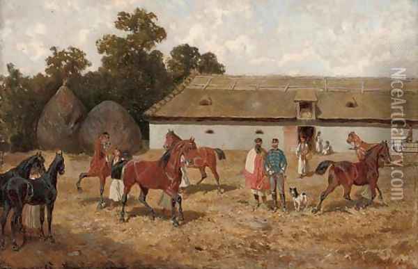 Training the horses Oil Painting - Alexander Ritter Von Bensa