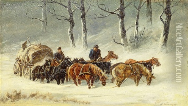 Neunspanniges Fuhrwerk In Winterlicher Landschaft Oil Painting - Ignaz Ellminger