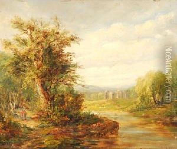 Figures On A Path By A River Landscape Oil Painting - Alfred Vickers