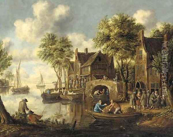A river landscape with figures on a bridge and fishermen in boats by an inn Oil Painting - Thomas Heeremans