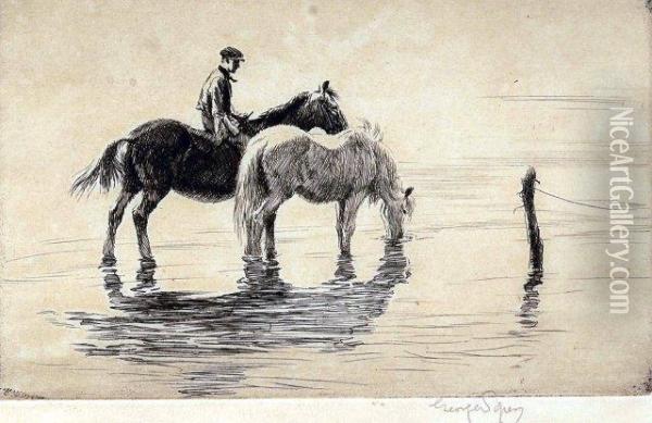 Horses Watering Oil Painting - George Soper