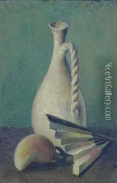 A Jug, Pear And A Fan Oil Painting - Edward Middleton Manigault