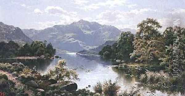 A Lake Scene in North Wales Oil Painting - Edgar Longstaffe