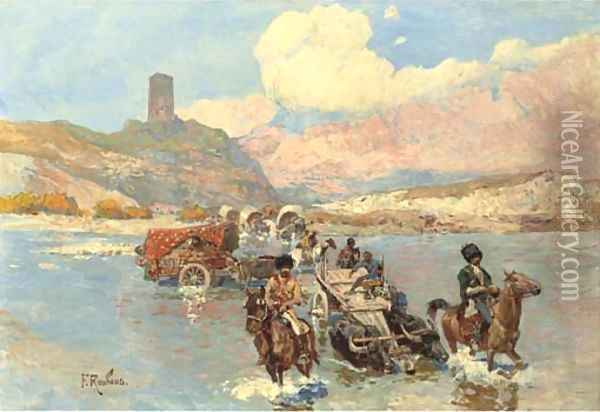 Caucasians crossing a river Oil Painting - Franz Roubaud