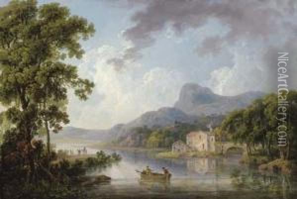 Mountainous Lough With Anglers And A House By A Bridge Oil Painting - George Cuitt