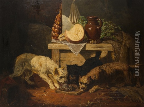 Dogs Playing With Mice With A Still Life In Background Oil Painting - Vincent de Vos