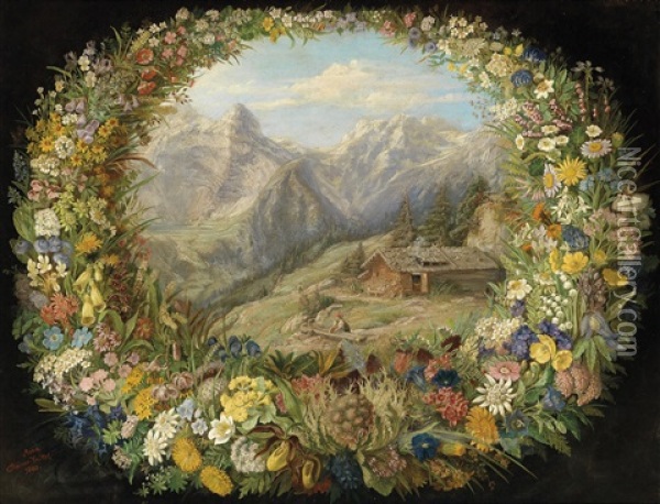 Blick Auf Eine Almlandschaft Umgeben Von Einem Blumenkranz Oil Painting - Anna Stainer-Knittel