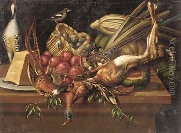 Pheasants, a dead hare and a shot-gun with plums in a basket, apples, cheese, pumpkins and other vegetables on a stone ledge Oil Painting - Pierre van BOUCLE (BOECKEL)