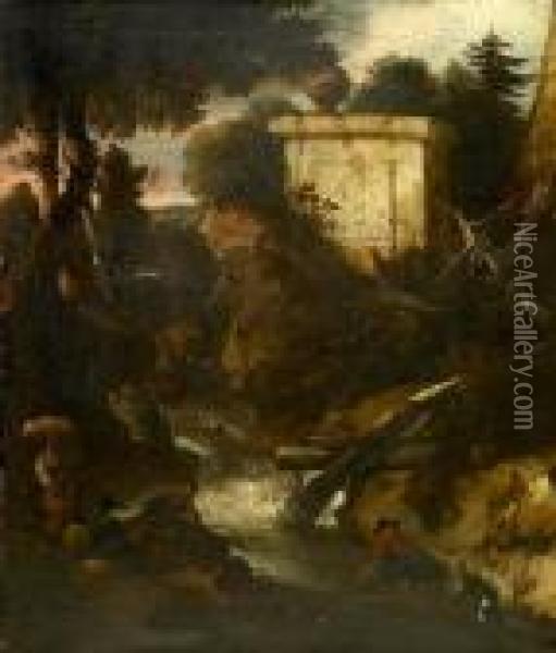 A Capriccio Landscape With Figures By A River Oil Painting - Nicolaes Berchem