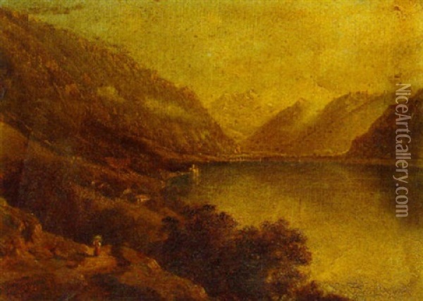 A View Of Lake Geneva, Chillon, Switzerland Oil Painting - Robert Melville (Capt.) Grindlay