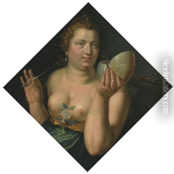 An Allegroical Female Figure (pictura ?), Holding A Paintbrush And Nautilus Shell Oil Painting - Hendrik Goltzius
