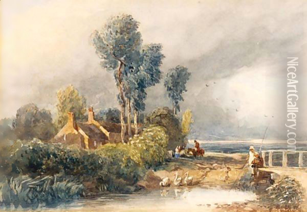Children Fishing By A Bridge, Cottages Beyond Oil Painting - David Cox