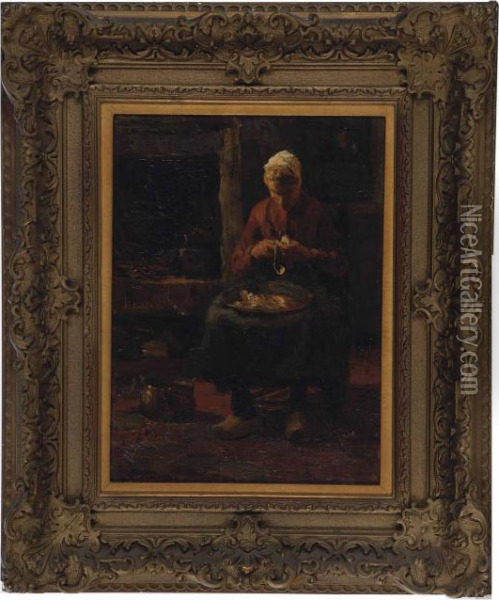 Seated Woman Peeling Potatoes Oil Painting - Evert Pieters