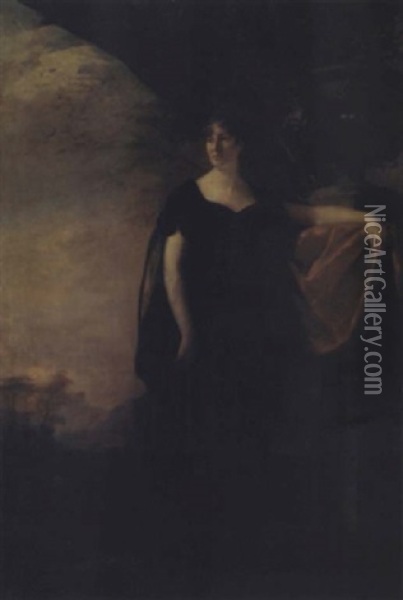 Portrait Of Margaret Stark, Mrs. Drummond, In A Black Dress And Cloak, Her Left Arm Resting On The Base Of A Classical Urn, In A Landscape Oil Painting - Sir Henry Raeburn