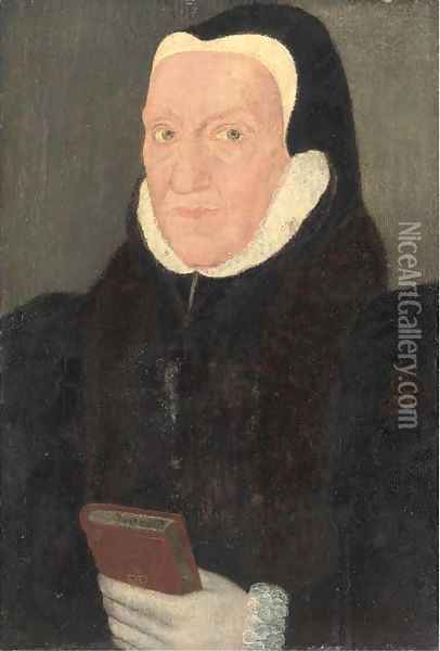 Portrait of a lady, quarter-length, in a black coat with a white ruff, holding a book Oil Painting - Hans Holbein the Younger
