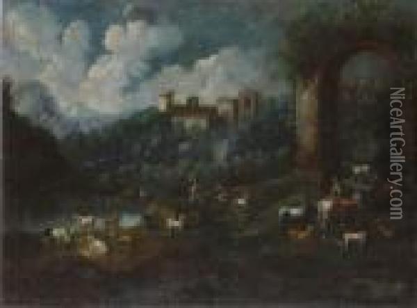 Veduta Del Castello Di Nerola Con Contadini E Armenti Oil Painting - Philipp Peter Roos