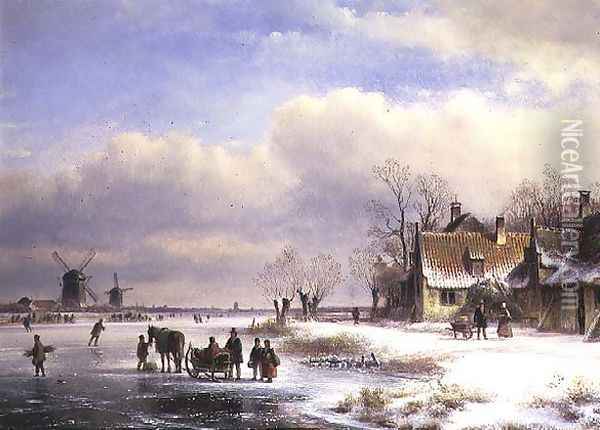 Snow Scene with Windmills in the Distance Oil Painting - Lodewijk Johannes Kleyn