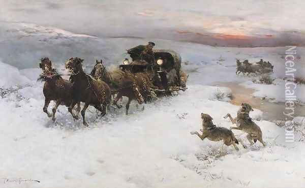 Attack of Wolves I Oil Painting - Alfred Wierusz-Kowalski