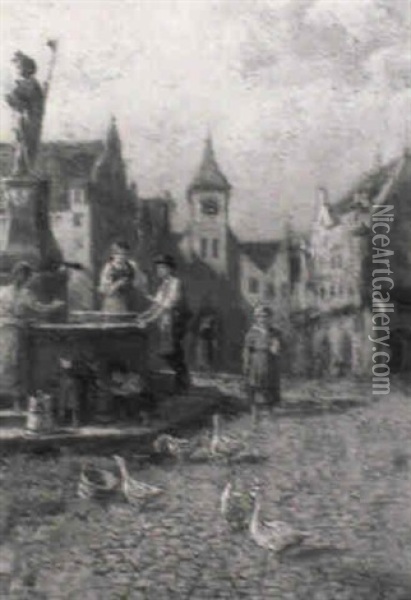 Am Marktbrunnen Einer Mittelalterlichen Stadt Oil Painting - Ferdinand Pacher