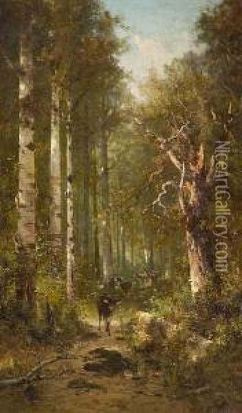 Deer Walking On A Wooded Path Oil Painting - Thomas Hill