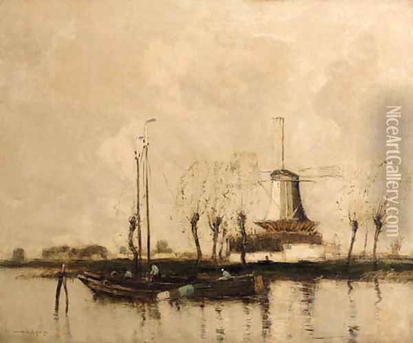 Moored barges in a waterway near a windmill Oil Painting - English School