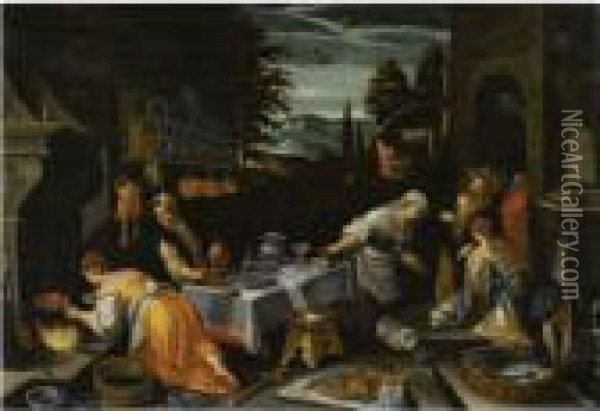 Cristo In Casa Di Marta, Maria E Lazzaro Oil Painting - Jacopo Bassano (Jacopo da Ponte)