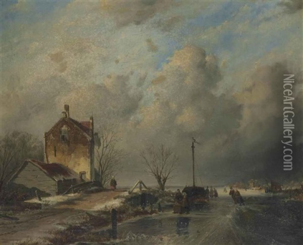 Winter Landscape With A Frozen River Oil Painting - Andreas Schelfhout