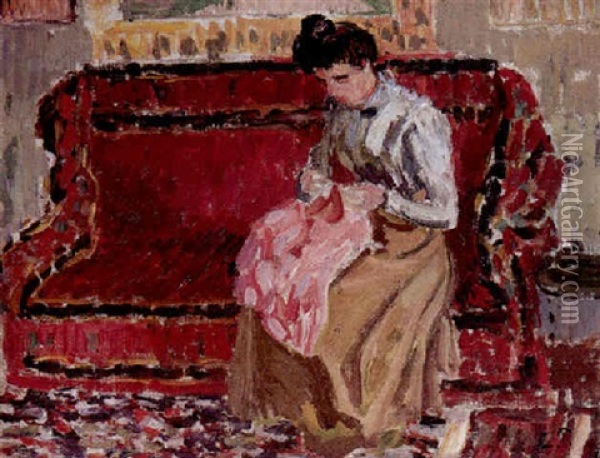 Jeune Fille Cousant Oil Painting - Camille Pissarro