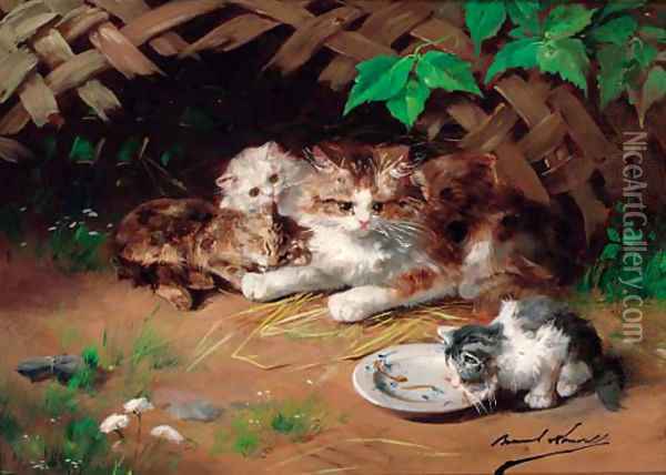 A kitten drinking milk Oil Painting - Alphonse Marie de Neuville