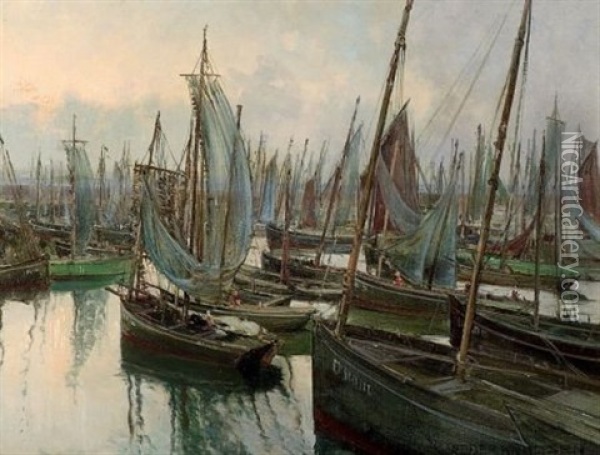 A Busy Harbor Oil Painting - Peder Jacob Marius Knudsen