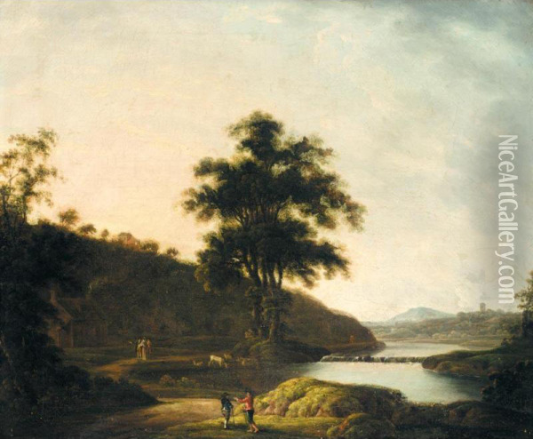 An Extensive River Landscape With Figures In The Foreground Oil Painting - James B. Coy