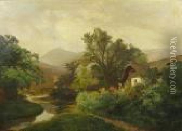 A Cottage By A Winding Stream Oil Painting - Konrad Petrides
