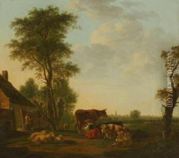 Hollandische Dorflandschaft Mit
 Melkender Magd. Oil Painting - Janbaptist Ii Kobell