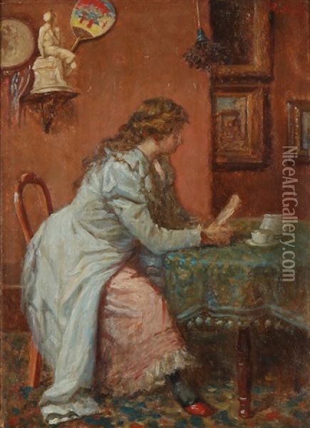 Interior With A Woman Reading A Letter Oil Painting - Manuel Amell