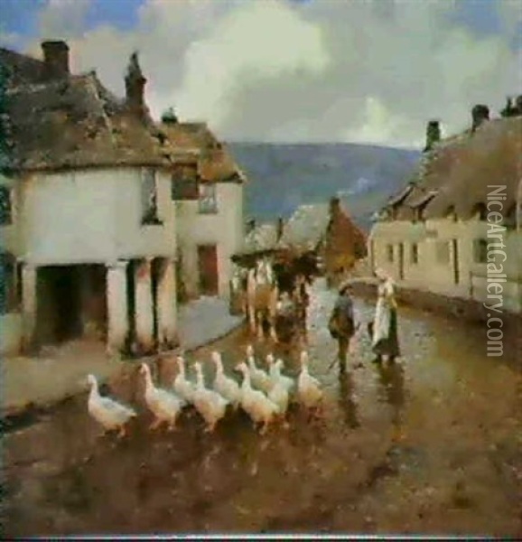 A Gaggle Of Geese Outside The Greyhound Inn,corfe Castle,   Dorset Oil Painting - Frederick Hall
