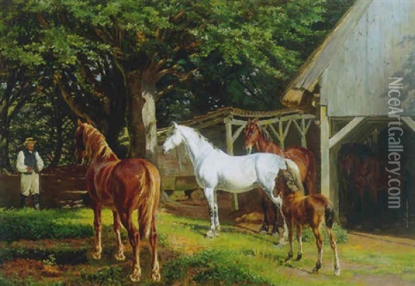 Heste Og Fol I Rygard Dyrehave Oil Painting - Simon Simonsen