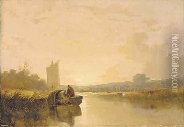 Evening on the river Yare at Whitlingham, with figures in a boat in the foreground, Norwich Castle and Cathedral beyond Oil Painting - Thomas Lound