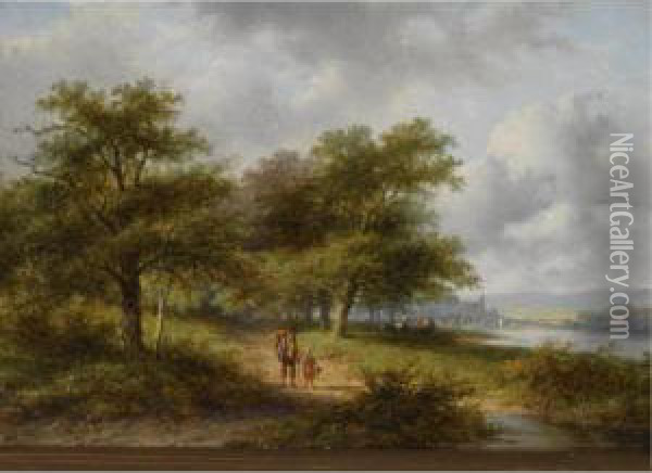 Travellers On A Country Road, A Town In The Distance Oil Painting - Jan Evert Morel