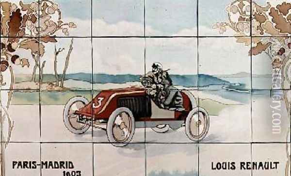Louis Renault driving in the Paris to Madrid race of 1903 Oil Painting - Ernest Montaut