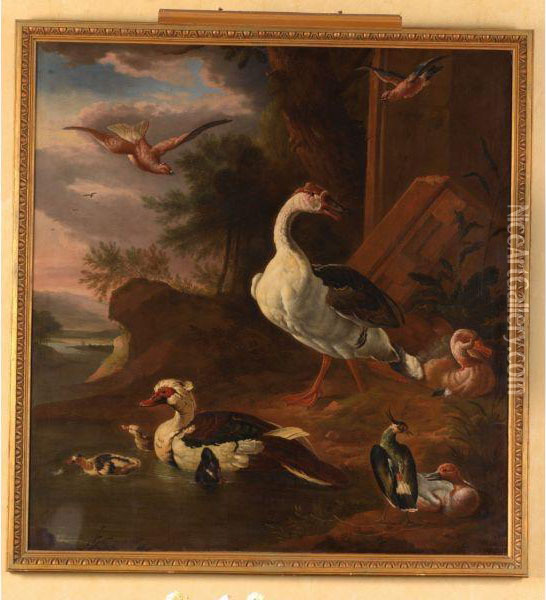 Oies, Canard De Barbarie, Vanneau Huppe Et Autres Oiseaux Dans Unpaysage De Riviere Oil Painting - Robert Griffier