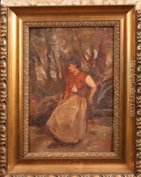 Jeune Femme Assies Sur Un Tronc D'arbre Oil Painting - Louis-Aime Japy
