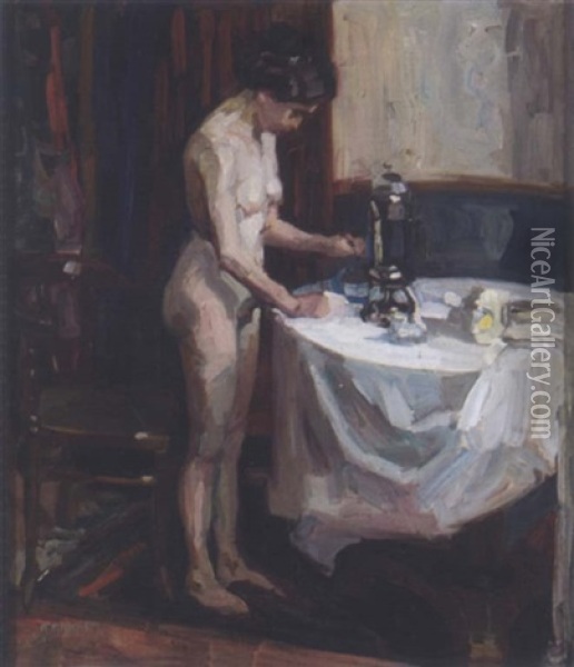Interieur Mit Weiblichem Akt Und Petroleumlampe Oil Painting - Alfred Marxer