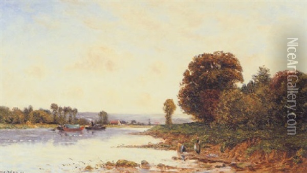 Washerwomen In A River Landscape With Steamboats Beyond Oil Painting - Hippolyte Camille Delpy