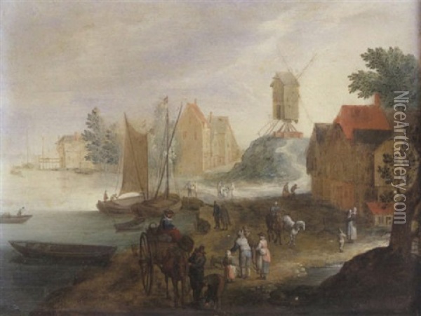 Paysage De Bord De Fleuve Avec Un Moulin Oil Painting - Peeter van Bredael