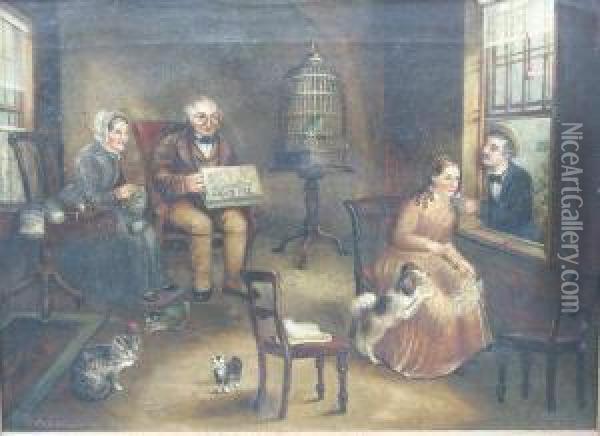 A Family Group In An Interior With Spaniel Oil Painting - P. Pitcher