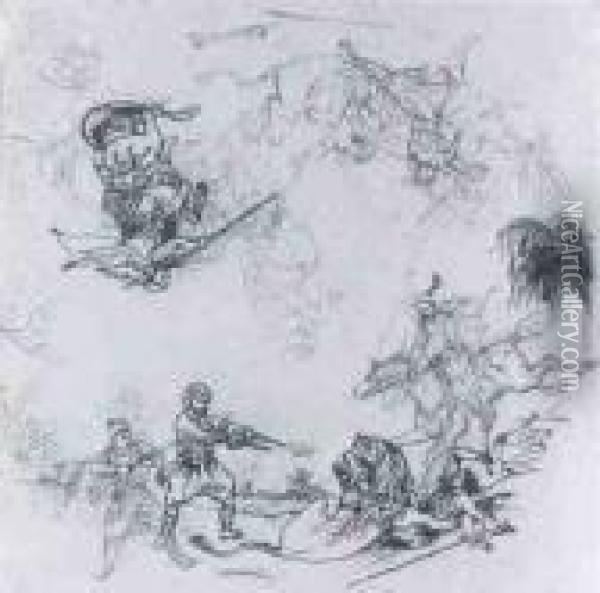 Skizzen Zu Einer Lowenjagd Oil Painting - Eugene Delacroix