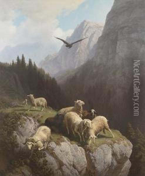 Sheep Grazing On A Mountainside Oil Painting - Robert Eberle