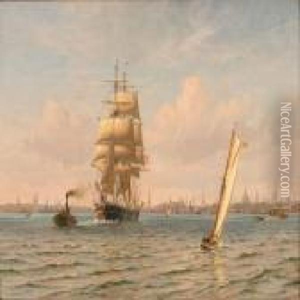 A Tugboat Pulls A Sail Ship Out Of Copenhagen Harbour Oil Painting - Vilhelm Karl Ferd. Arnesen